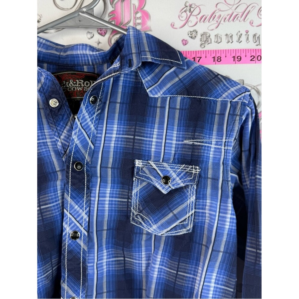 Rock and roll cowboy shirt plaid blue Button-Down Casual Shirt Blue Plaid - Picture 3 of 8